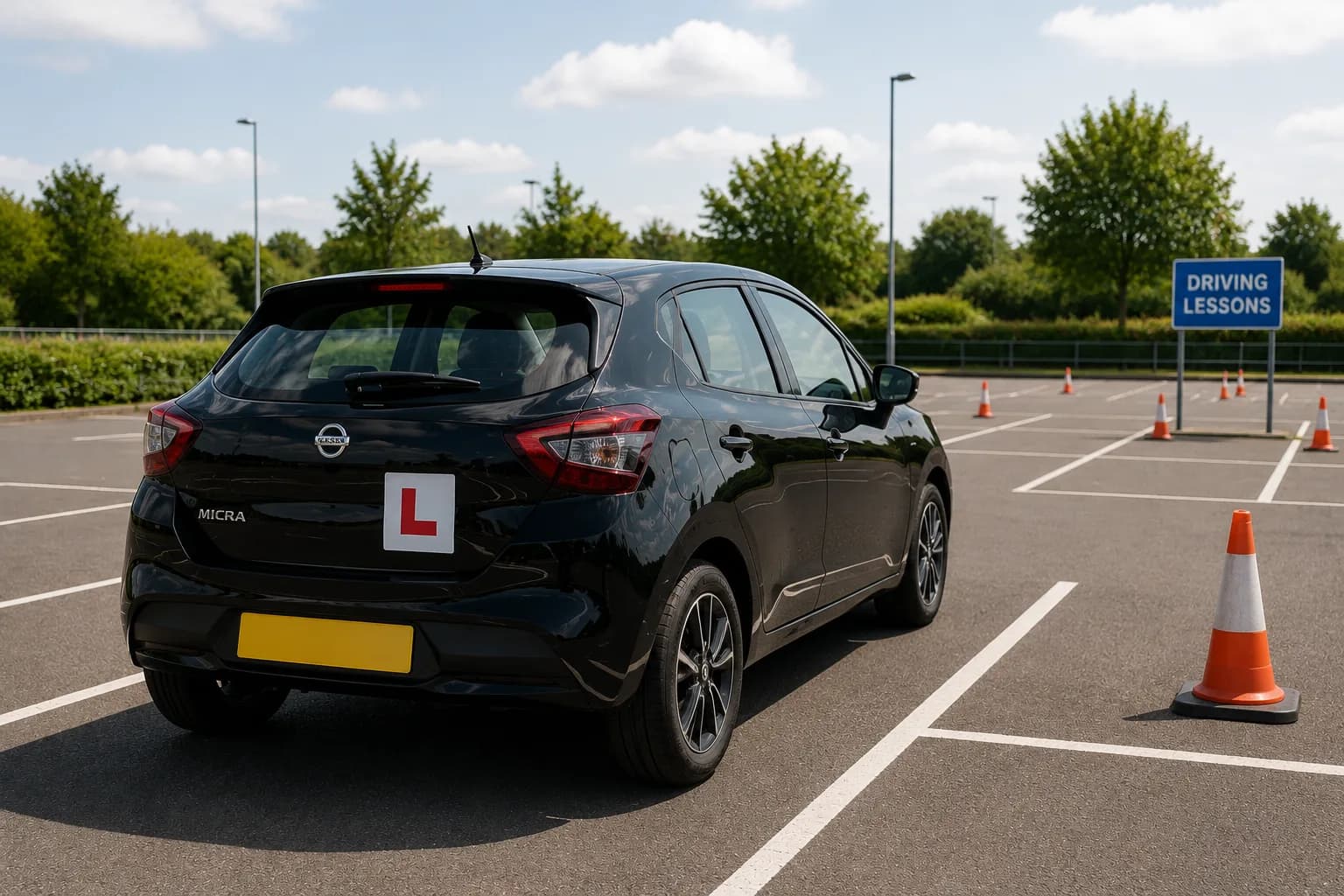 Learner car with L-plates at a practice area for DrivePro Midlands beginner manual driving lessons with Maurizio Gobbato in the East Midlands