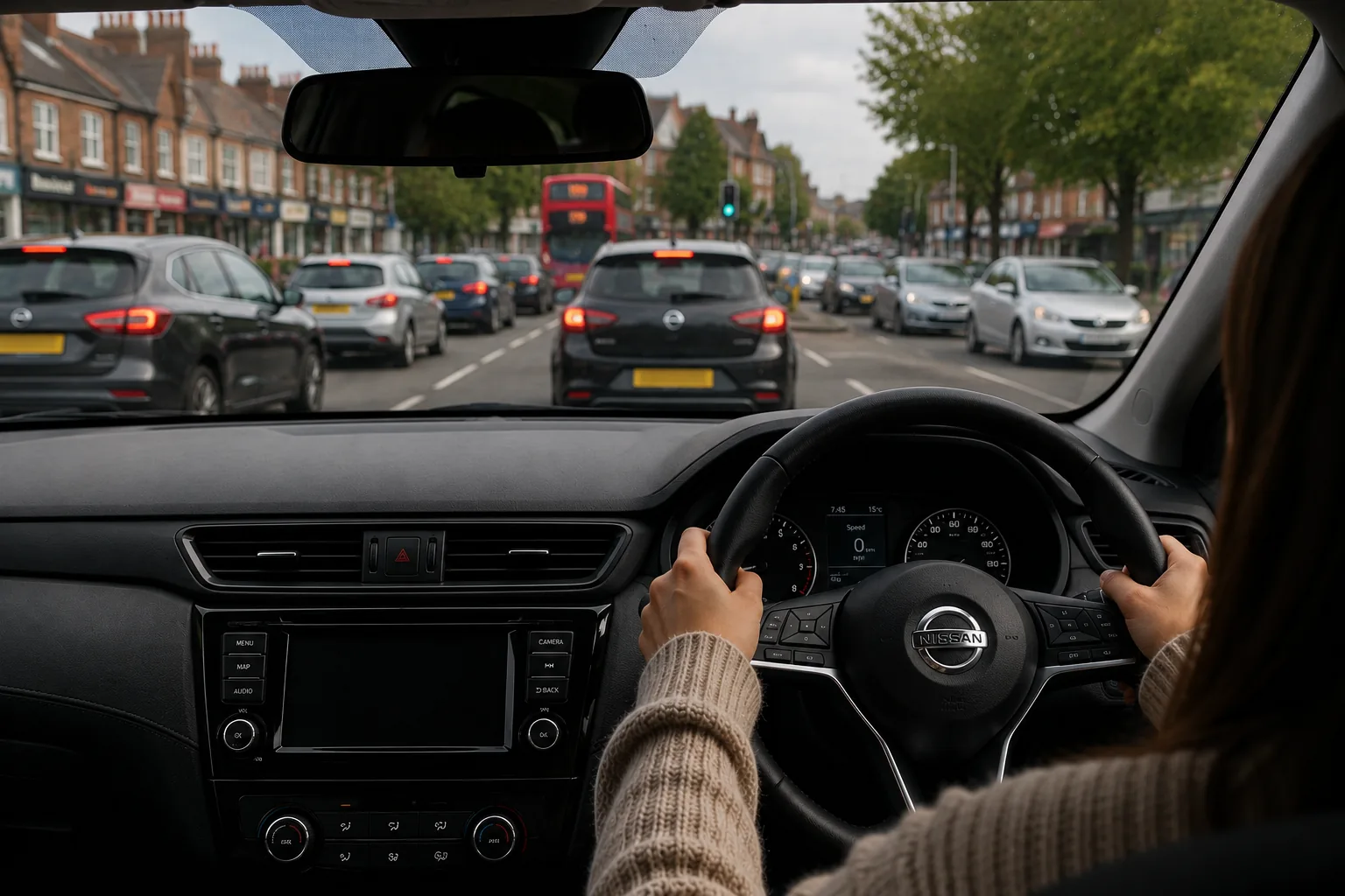 View from the driver's seat in busy traffic during a calm DrivePro Midlands nervous driver lesson with Maurizio Gobbato