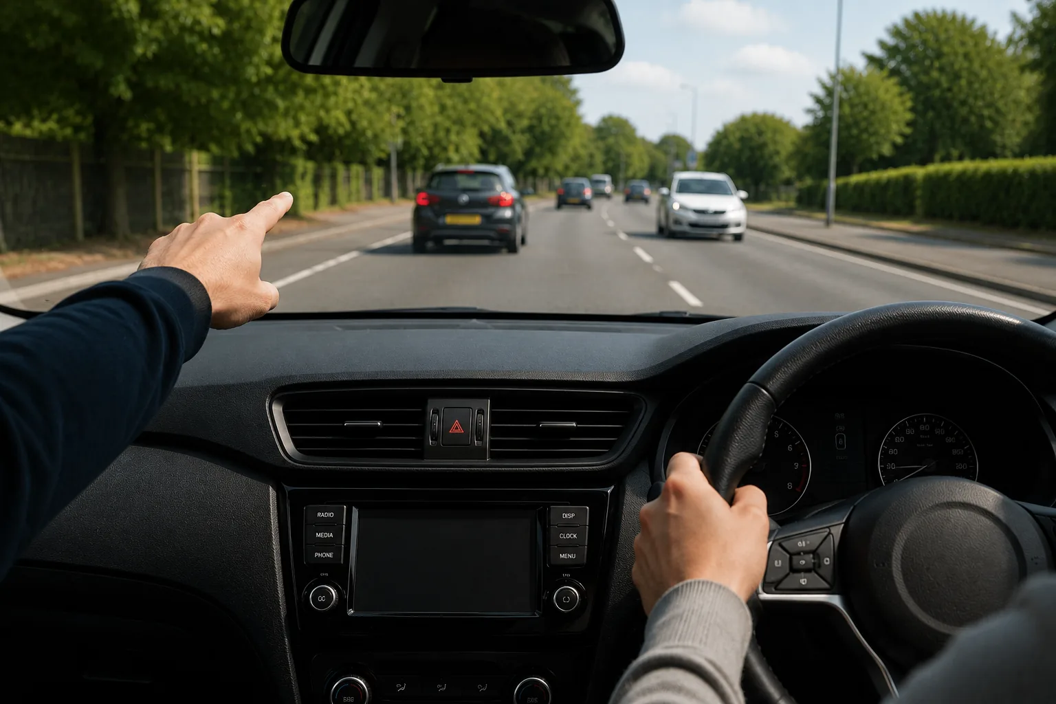 Instructor pointing out road hazards from the dual-control car during a DrivePro Midlands refresher driving lesson with Maurizio Gobbato