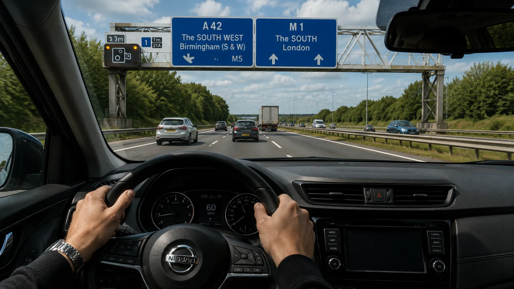 Driver's view of motorway signs on the M1 during a DrivePro Midlands post-test motorway driving lesson